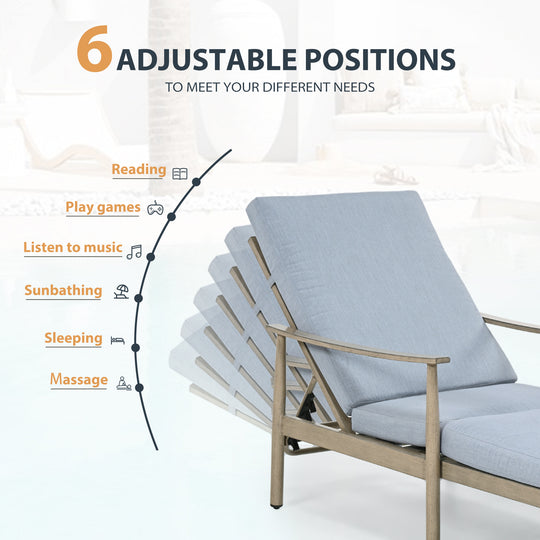 HAPPATIO Outdoor Chaise Lounge Chair - Aluminum Pool Lounge Chair with Adjustable Backrest and Cushion, Curved Armrest, Outdoor Lounge Chair for Beach, Yard, or Poolside