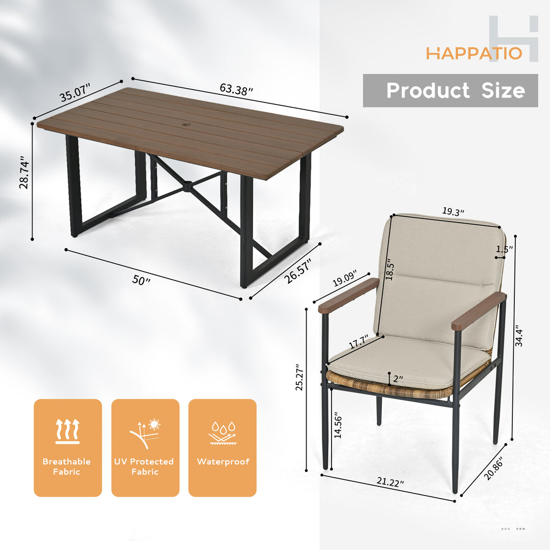 HAPPATIO 7 Piece Patio Dining Set Outdoor, 6 Wicker Chairs with Aluminum Frame and Olefin Cushions, Large Wooden Dining Table with Umbrella Hole,Patio Table and Chairs for Backyard Garden Porch