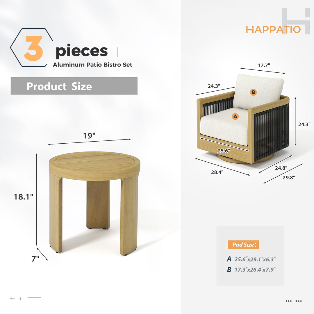 HAPPATIO Aluminum Patio Furniture Set, 3 Pieces Wood-like Oversized Outdoor Conversation Set with Thick Cushion, Curved Tub Design with Woven Rope Accents for Garden, Backyard, Poolside