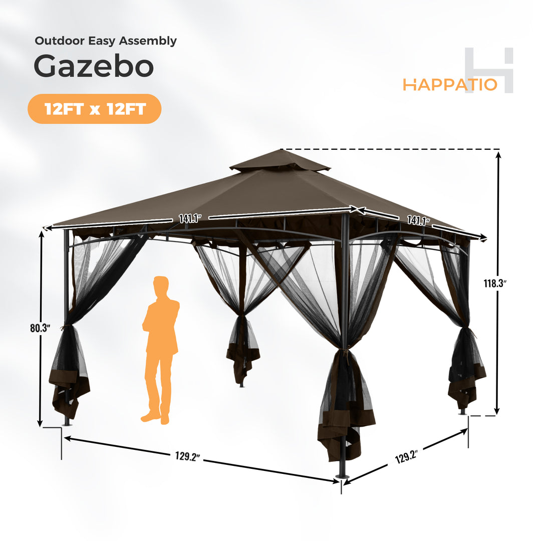 HAPPATIO Patio Gazebo, Ventilated Double Roof & Mosquito Netting, Outdoor Gazebo with Metal Frame, Soft Top Canopy for Backyard, Deck, Poolside