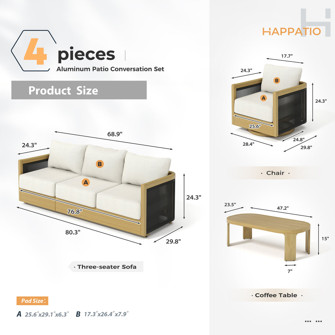 HAPPATIO Aluminum Patio Furniture Set, 4 Pieces Wood-like Oversized Conversation Set with Thick Cushion, Curved Tub Design with Woven Rope Accents for Garden, Backyard, Poolside