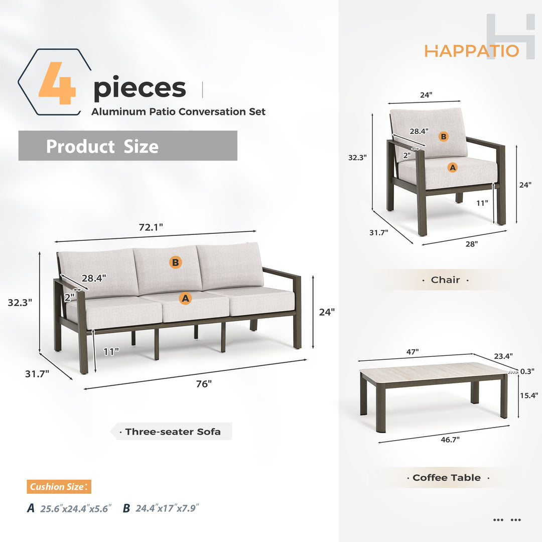 HAPPATIO Patio Conversation Set, 4-Piece Aluminum Oversized Patio Furniture Set with Rope Woven Backrest, Patio Chairs with Thick Cushion, Hand-brushed Frame for Yard, Porch, Balcony