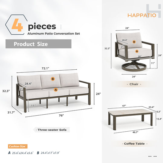 HAPPATIO Patio Conversation Set, 4-Piece Aluminum Oversized Patio Furniture Set with Rope Woven Backrest, Patio Chairs with Thick Cushion, Hand-brushed Frame for Yard, Porch, Balcony