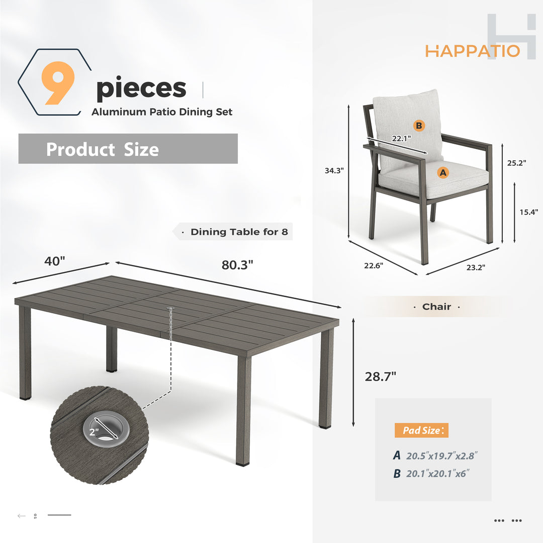 HAPPATIO Patio Dining Set, Outdoor Aluminum Dining Furniture Set, Cushioned Dining Chairs and Table for Deck Yard Poolside, Rust-Proof, Weather-Resistant, Easy Assembly