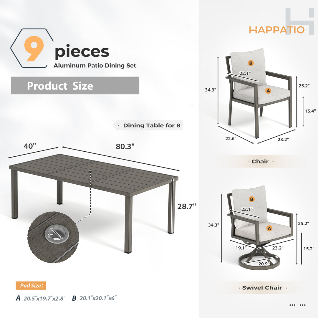 HAPPATIO Patio Dining Set, Outdoor Aluminum Dining Furniture Set, Cushioned Dining Chairs and Table for Deck Yard Poolside, Rust-Proof, Weather-Resistant, Easy Assembly