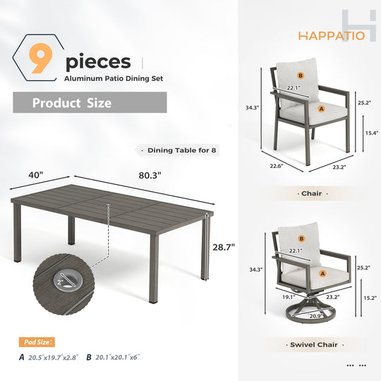 HAPPATIO Patio Dining Set, Outdoor Aluminum Dining Furniture Set, Cushioned Dining Chairs and Table for Deck Yard Poolside, Rust-Proof, Weather-Resistant, Easy Assembly