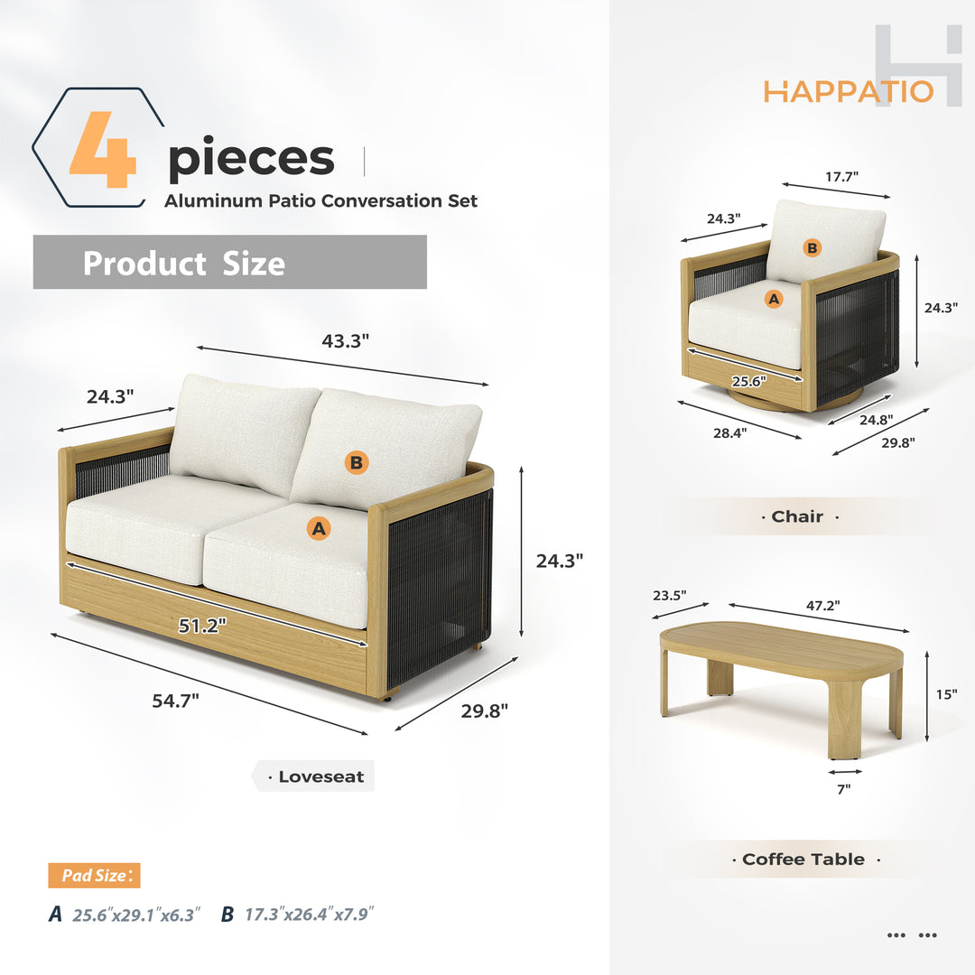 HAPPATIO Aluminum Patio Furniture Set, 4 Pieces Wood-like Oversized Conversation Set with Thick Cushion, Curved Tub Design with Woven Rope Accents for Garden, Backyard, Poolside