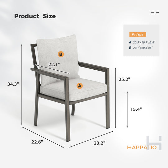 HAPPATIO Patio Dining Chairs Set, All-Weather Outdoor Dining Chair with Aluminum Frame and Removable Cushion, Ideal for Lawn Yard Backyard