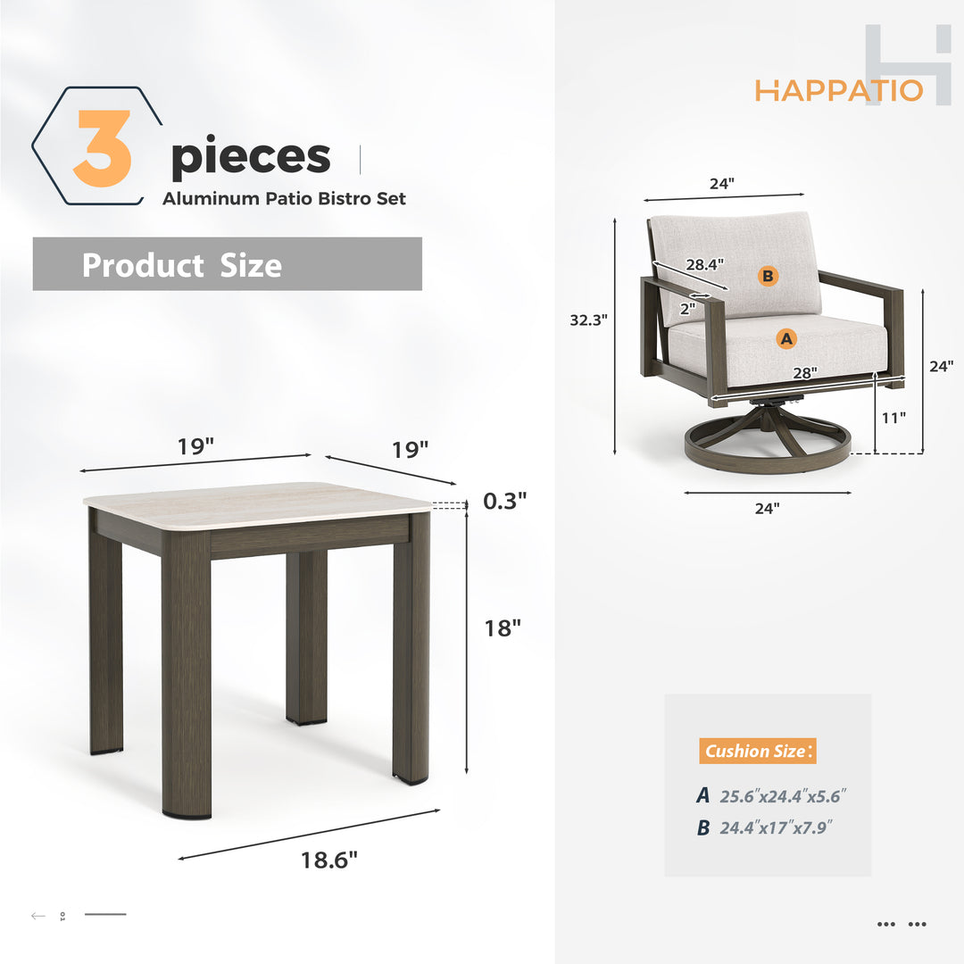 HAPPATIO Patio Conversation Set, 3-Piece Aluminum Oversized Patio Furniture Set with Rope Woven Backrest, Side Table and 2 Chairs with Thick Cushion, Hand-brushed Frame for Yard, Porch, Balcony