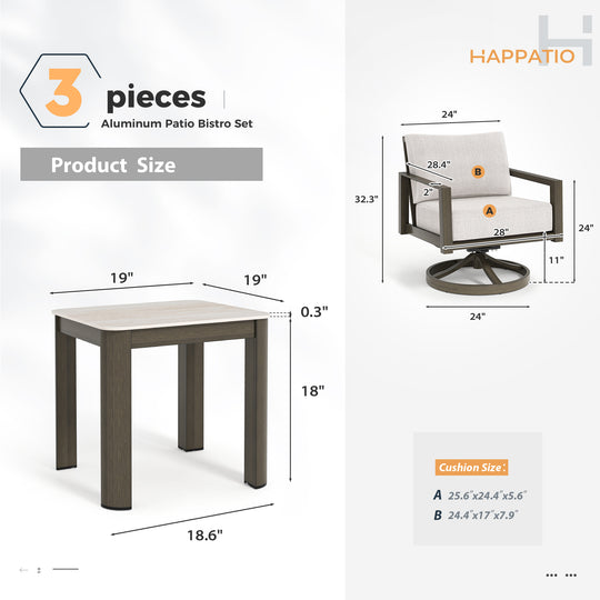 HAPPATIO Patio Conversation Set, 3-Piece Aluminum Oversized Patio Furniture Set with Rope Woven Backrest, Side Table and 2 Chairs with Thick Cushion, Hand-brushed Frame for Yard, Porch, Balcony