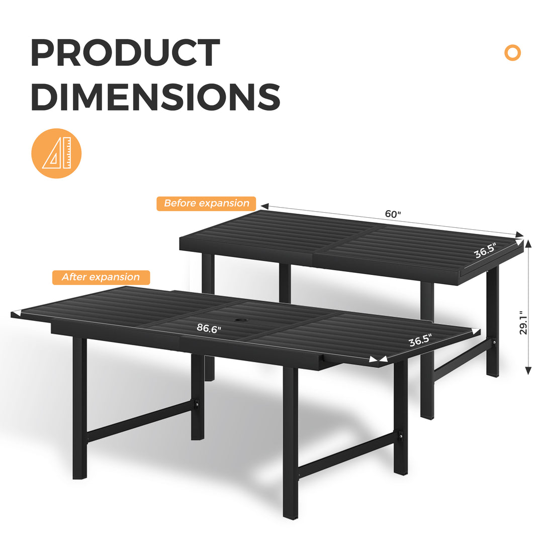 HAPPATIO Outdoor Expandable Dining Table, Aluminum Patio Dining Table for 4-8 Person, Powder-Coated Rectangular Table with Umbrella Hole, Perfect for Backyard, Porch, Deck