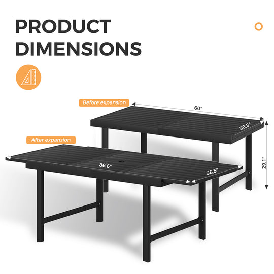 HAPPATIO Outdoor Expandable Dining Table, Aluminum Patio Dining Table for 4-8 Person, Powder-Coated Rectangular Table with Umbrella Hole, Perfect for Backyard, Porch, Deck