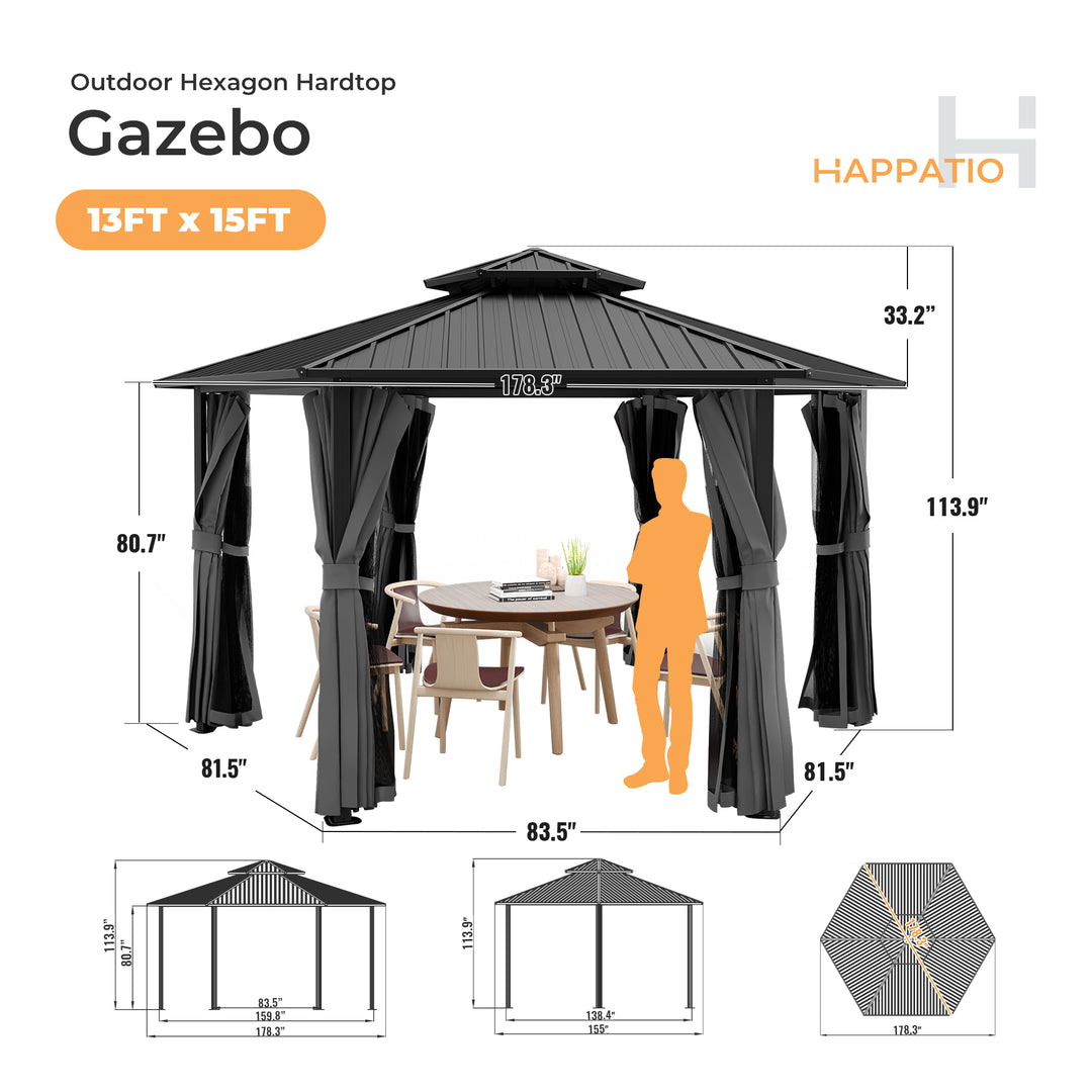 HAPPATIO 13' x 15' Hardtop Gazebo, Outdoor Hexagonal Gazebo with Galvanized Steel Roof, Aluminum Frame with Curtains and Netting, Metal Permanent Gazebos for Patios, Gardens