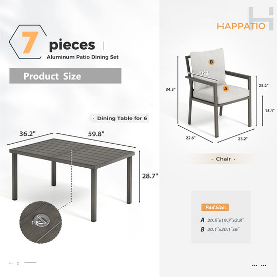 HAPPATIO Patio Dining Set, Outdoor Aluminum Dining Furniture Set, Cushioned Dining Chairs and Table for Deck Yard Poolside, Rust-Proof, Weather-Resistant, Easy Assembly