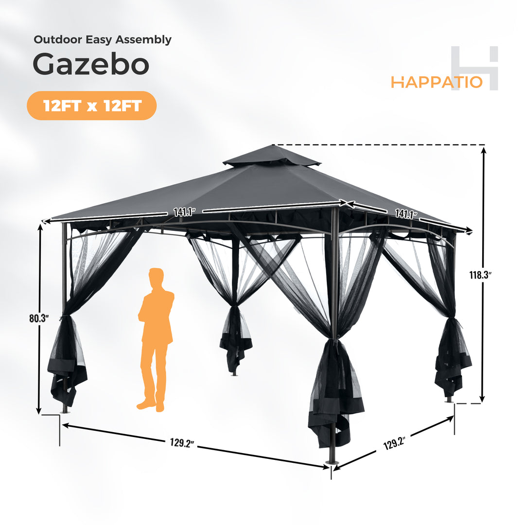 HAPPATIO Patio Gazebo, Ventilated Double Roof & Mosquito Netting, Outdoor Gazebo with Metal Frame, Soft Top Canopy for Backyard, Deck, Poolside