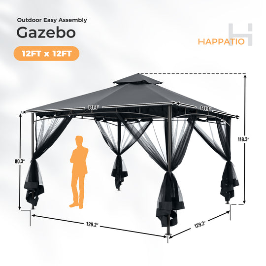 HAPPATIO Patio Gazebo, Ventilated Double Roof & Mosquito Netting, Outdoor Gazebo with Metal Frame, Soft Top Canopy for Backyard, Deck, Poolside