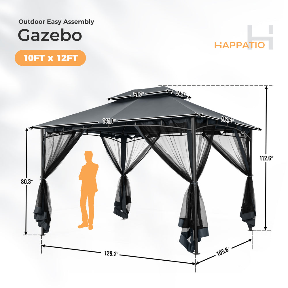 HAPPATIO Patio Gazebo, Ventilated Double Roof & Mosquito Netting, Outdoor Gazebo with Metal Frame, Soft Top Canopy for Backyard, Deck, Poolside