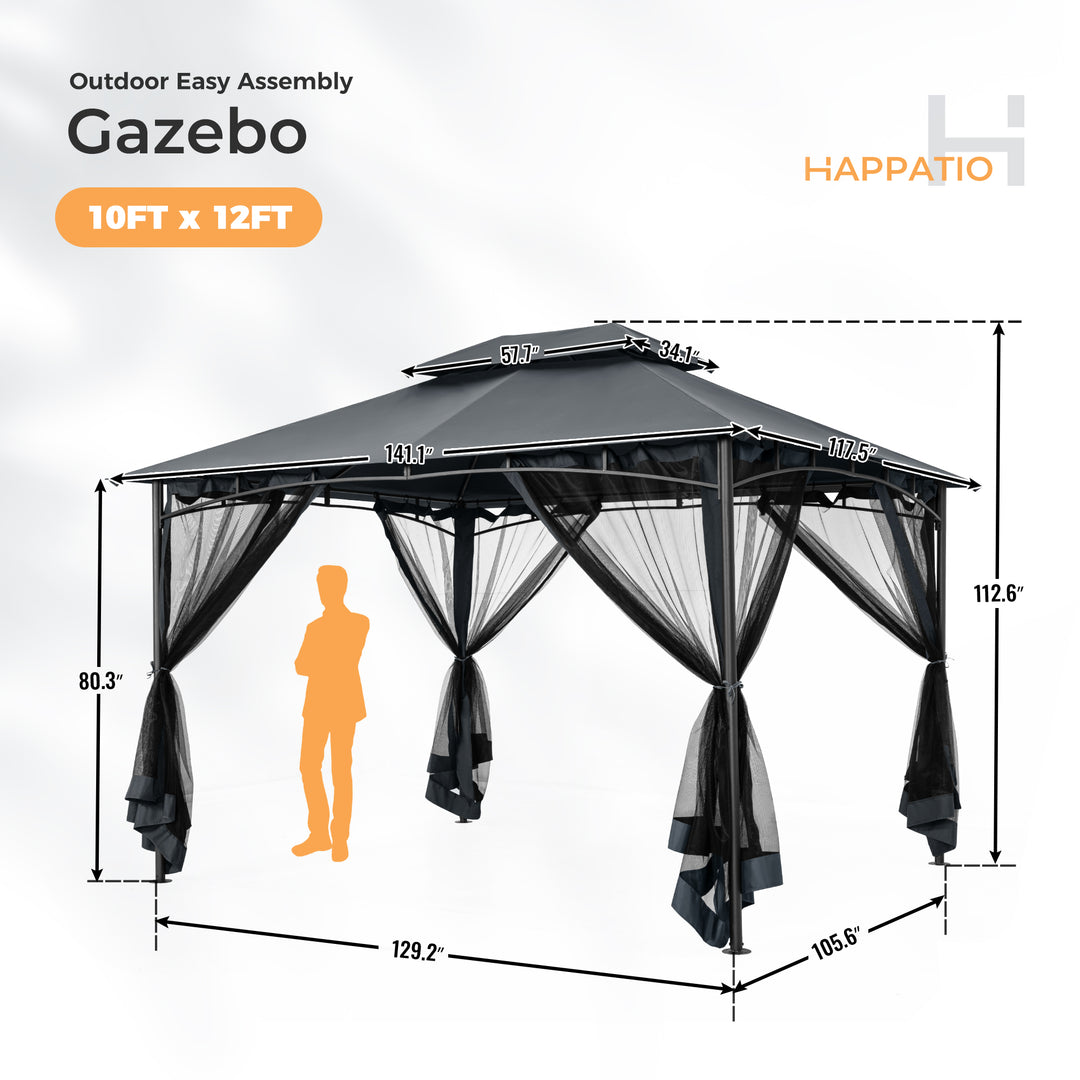 HAPPATIO Patio Gazebo, Ventilated Double Roof & Mosquito Netting, Outdoor Gazebo with Metal Frame, Soft Top Canopy for Backyard, Deck, Poolside