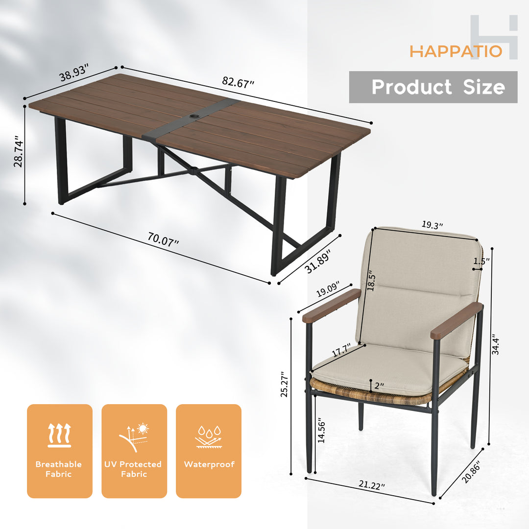 HAPPATIO 9 Piece Patio Dining Set Outdoor, 8 Wicker Chairs with Aluminum Frame and Olefin Cushions, Large Wooden Dining Table with Umbrella Hole,Patio Table and Chairs for Backyard Garden Porch