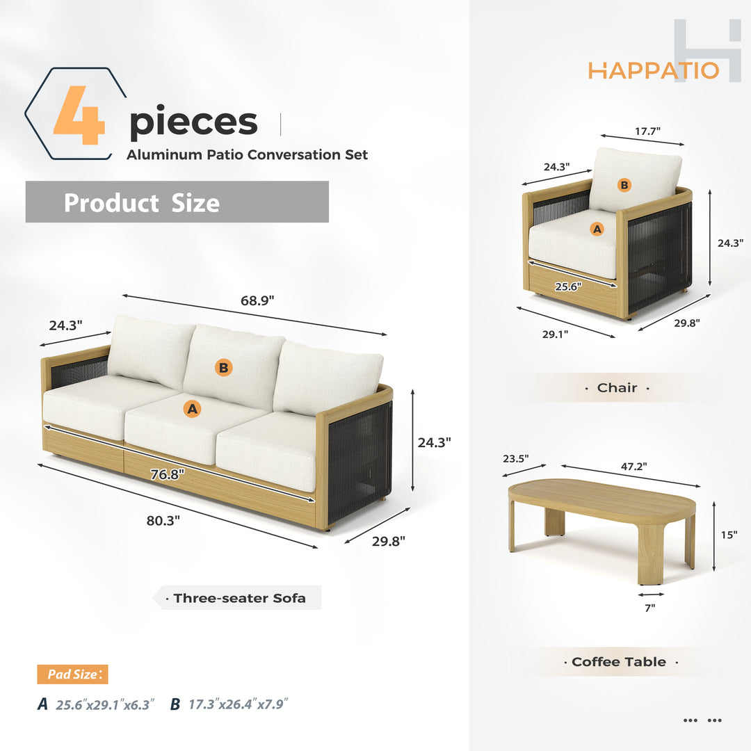 HAPPATIO Aluminum Patio Furniture Set, 4 Pieces Wood-like Oversized Conversation Set with Thick Cushion, Curved Tub Design with Woven Rope Accents for Garden, Backyard, Poolside