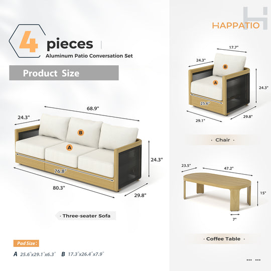 HAPPATIO Aluminum Patio Furniture Set, 4 Pieces Wood-like Oversized Conversation Set with Thick Cushion, Curved Tub Design with Woven Rope Accents for Garden, Backyard, Poolside