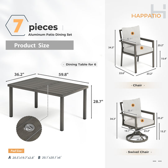 HAPPATIO Patio Dining Set, Outdoor Aluminum Dining Furniture Set, Cushioned Dining Chairs and Table for Deck Yard Poolside, Rust-Proof, Weather-Resistant, Easy Assembly