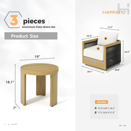 HAPPATIO Aluminum Patio Furniture Set, 3 Pieces Wood-like Oversized Outdoor Conversation Set with Thick Cushion, Curved Tub Design with Woven Rope Accents for Garden, Backyard, Poolside