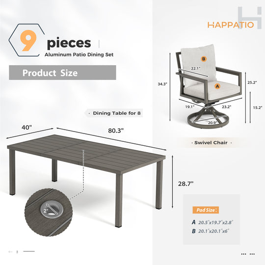 HAPPATIO Patio Dining Set, Outdoor Aluminum Dining Furniture Set, Cushioned Dining Chairs and Table for Deck Yard Poolside, Rust-Proof, Weather-Resistant, Easy Assembly