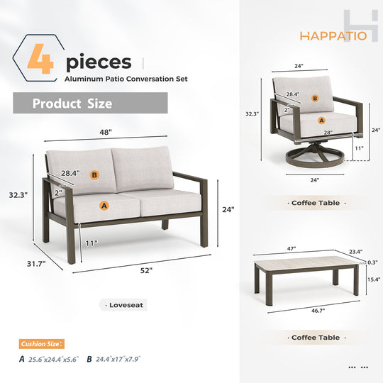 HAPPATIO Patio Conversation Set, 4-Piece Aluminum Oversized Patio Furniture Set with Rope Woven Backrest, Patio Chairs with Thick Cushion, Hand-brushed Frame for Yard, Porch, Balcony