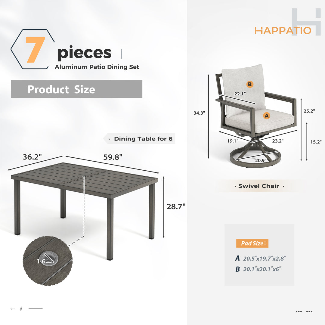 HAPPATIO Patio Dining Set, Outdoor Aluminum Dining Furniture Set, Cushioned Dining Chairs and Table for Deck Yard Poolside, Rust-Proof, Weather-Resistant, Easy Assembly