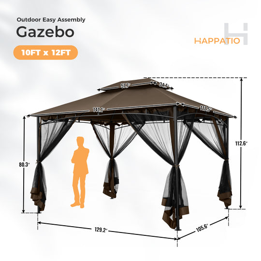 HAPPATIO Patio Gazebo, Ventilated Double Roof & Mosquito Netting, Outdoor Gazebo with Metal Frame, Soft Top Canopy for Backyard, Deck, Poolside