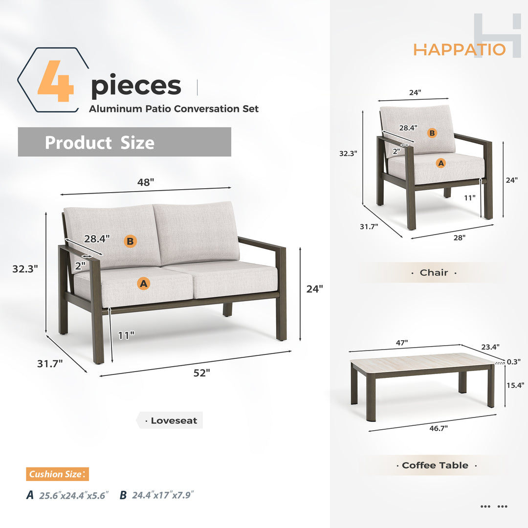 HAPPATIO Patio Conversation Set, 4-Piece Aluminum Oversized Patio Furniture Set with Rope Woven Backrest, Patio Chairs with Thick Cushion, Hand-brushed Frame for Yard, Porch, Balcony