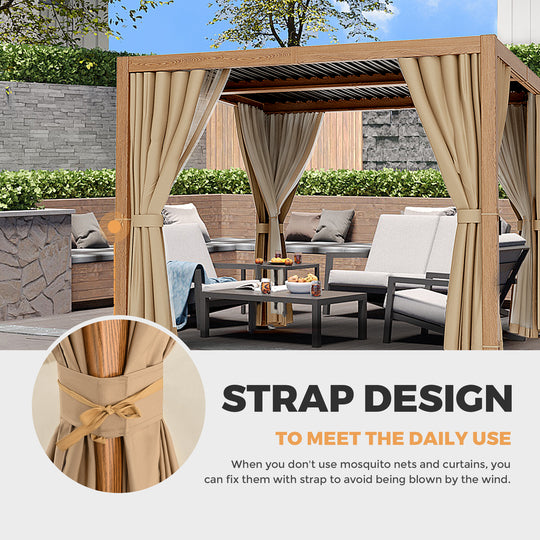 HAPPATIO Outdoor Louvered Pergola, Metal Pergola with Adjustable Rainproof Roof, Patio Pergola with Curtains and Mosquito Nets