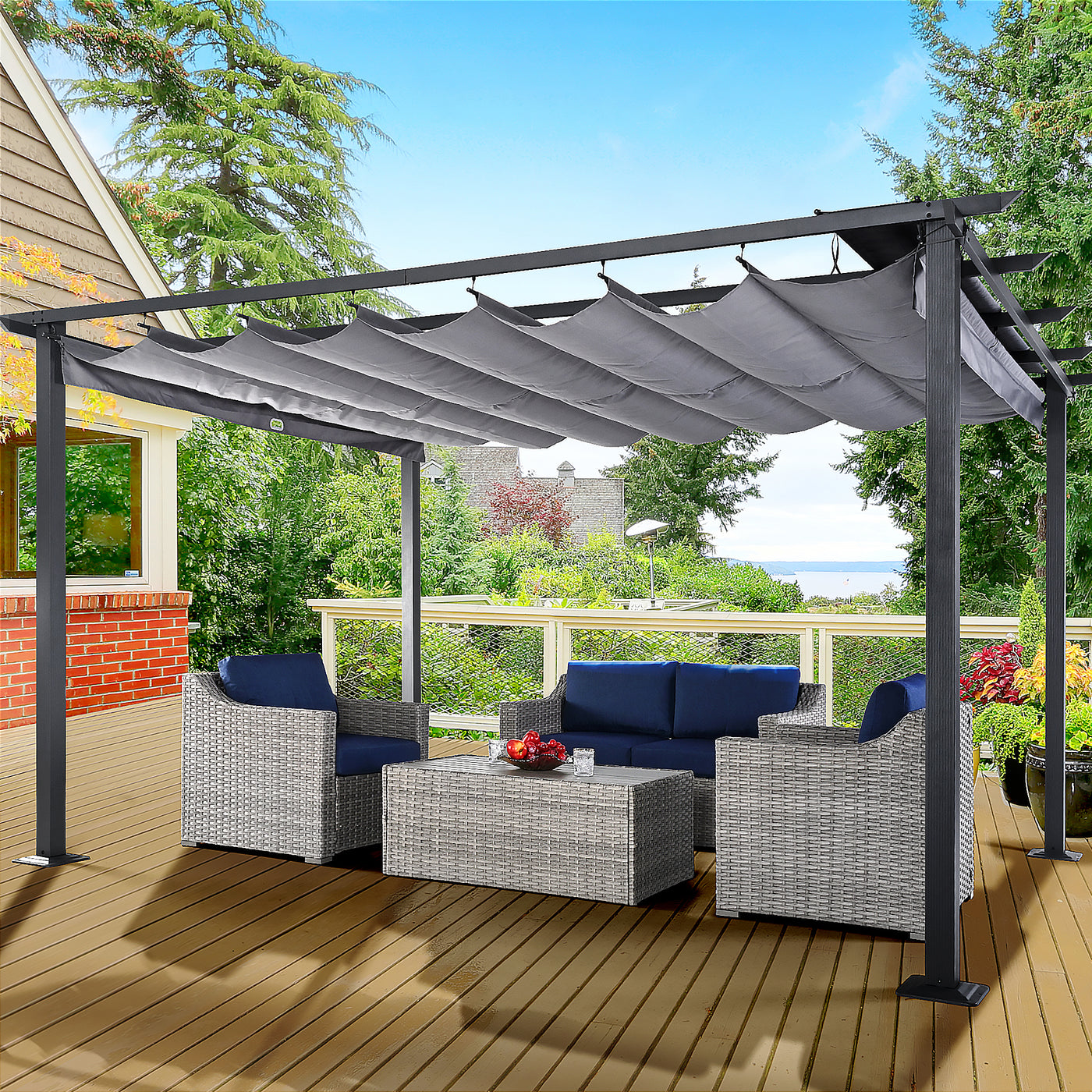 HAPPATIO 10' X 13' Pergola Retractable Pergola Canopy for Backyards, Gardens, Patios, Outdoor Pergola with Sun and Rain-Proof Canopy, Includes Ground Studs and Expansion Screws