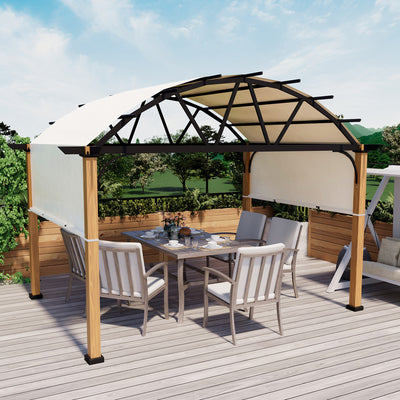HAPPATIO 10' X 13' Outdoor Pergola with Sling Retractable Pergola Canopy，Wood-Like Aluminum Patio Pergola Shade for Patio, Backyard, Garden,Poolside