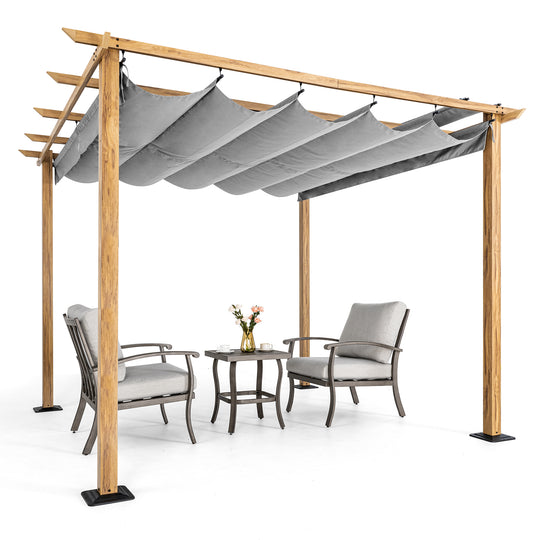HAPPATIO 10' X 10' Pergola Retractable Pergola Canopy for Backyard, Garden, Patio; Woodgrain-Look Aluminum Pergola with Retractable Pergola Canopy, Includes Anchors and Expansion Screws