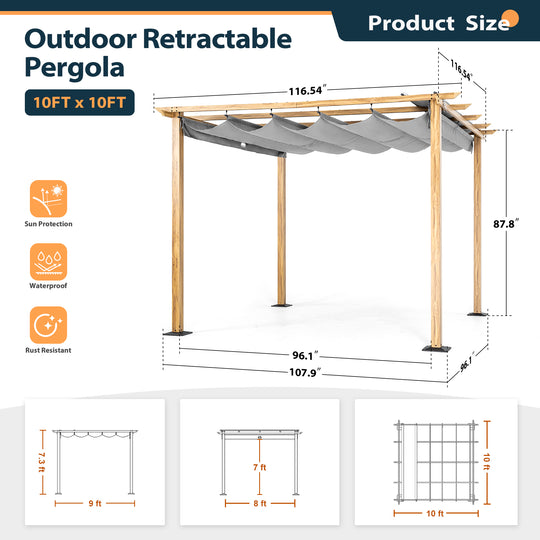 HAPPATIO 10' X 10' Pergola Retractable Pergola Canopy for Backyard, Garden, Patio; Woodgrain-Look Aluminum Pergola with Retractable Pergola Canopy, Includes Anchors and Expansion Screws