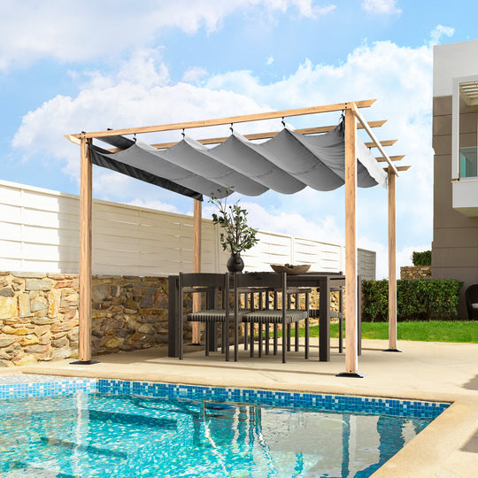 HAPPATIO 10' X 10' Pergola Retractable Pergola Canopy for Backyard, Garden, Patio; Woodgrain-Look Aluminum Pergola with Retractable Pergola Canopy, Includes Anchors and Expansion Screws