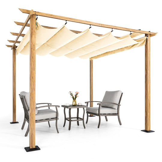 HAPPATIO 10' X 10' Pergola Retractable Pergola Canopy for Backyard, Garden, Patio; Woodgrain-Look Aluminum Pergola with Retractable Pergola Canopy, Includes Anchors and Expansion Screws