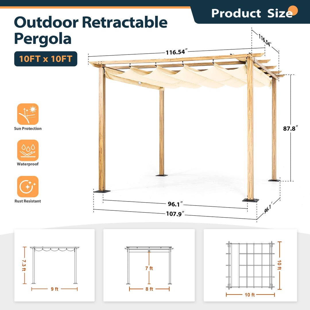 HAPPATIO 10' X 10' Pergola Retractable Pergola Canopy for Backyard, Garden, Patio; Woodgrain-Look Aluminum Pergola with Retractable Pergola Canopy, Includes Anchors and Expansion Screws