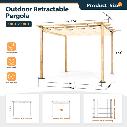 HAPPATIO 10' X 10' Pergola Retractable Pergola Canopy for Backyard, Garden, Patio; Woodgrain-Look Aluminum Pergola with Retractable Pergola Canopy, Includes Anchors and Expansion Screws