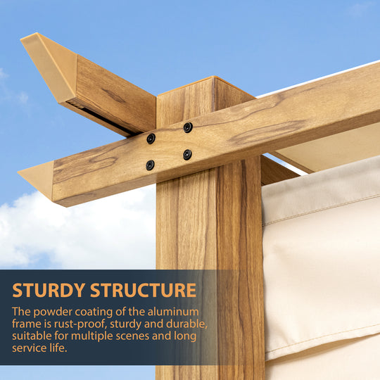 HAPPATIO 10' X 10' Pergola Retractable Pergola Canopy for Backyard, Garden, Patio; Woodgrain-Look Aluminum Pergola with Retractable Pergola Canopy, Includes Anchors and Expansion Screws