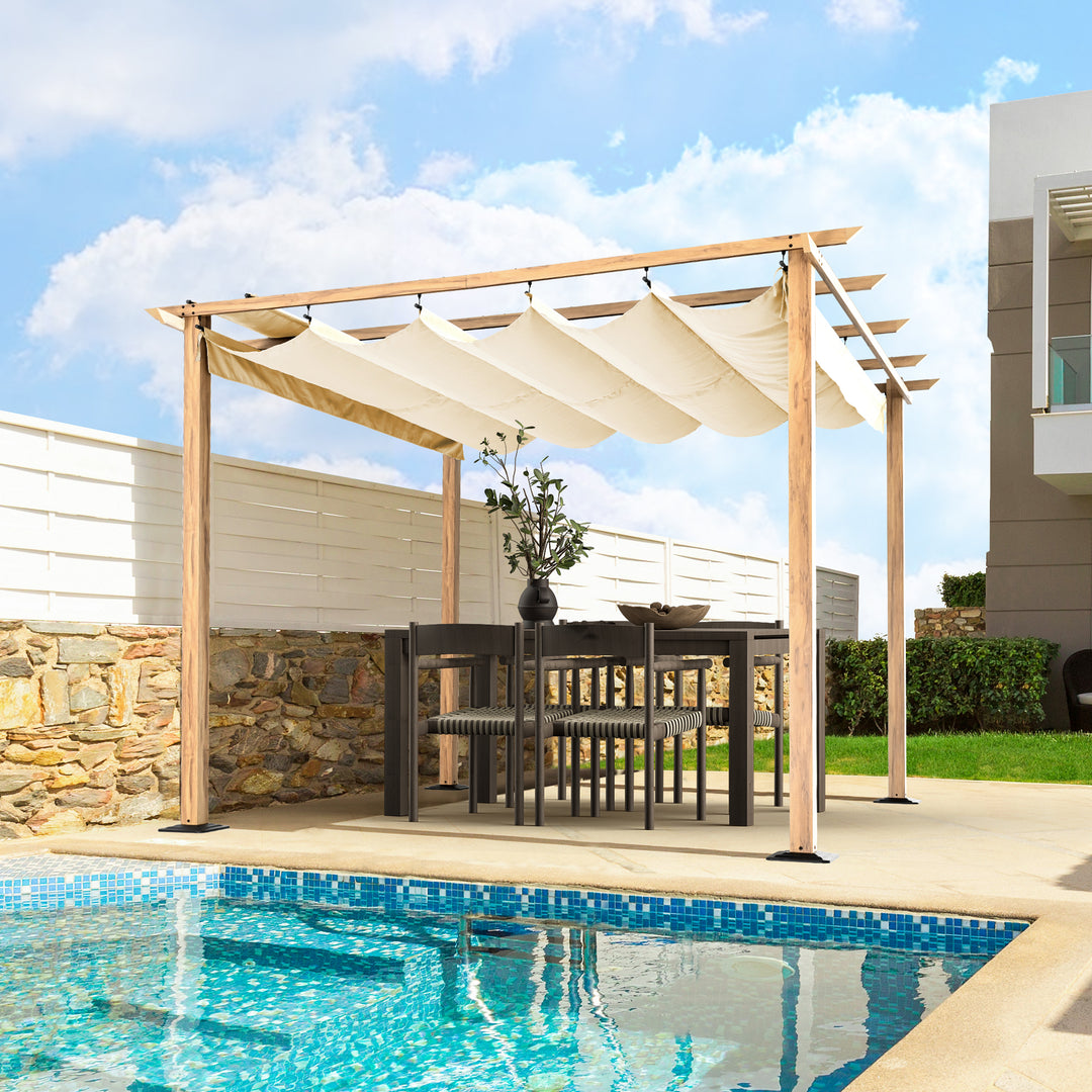 HAPPATIO 10' X 10' Pergola Retractable Pergola Canopy for Backyard, Garden, Patio; Woodgrain-Look Aluminum Pergola with Retractable Pergola Canopy, Includes Anchors and Expansion Screws