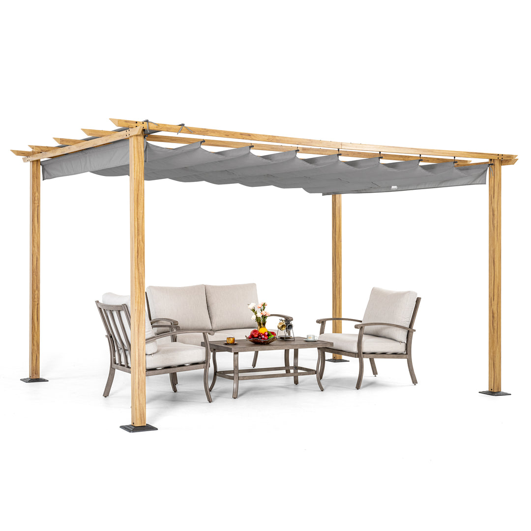 HAPPATIO 10' X 13' Pergola Retractable Pergola Canopy for Backyard, Garden, Patio; Woodgrain-Look Aluminum Pergola with Retractable Pergola Canopy, Includes Anchors and Expansion Screws