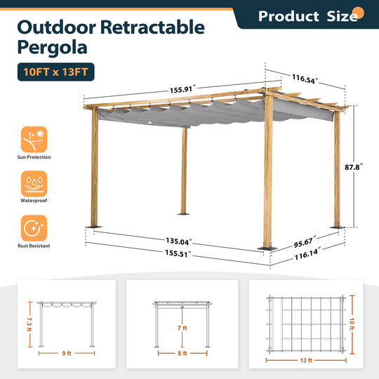 HAPPATIO 10' X 13' Pergola Retractable Pergola Canopy for Backyard, Garden, Patio; Woodgrain-Look Aluminum Pergola with Retractable Pergola Canopy, Includes Anchors and Expansion Screws