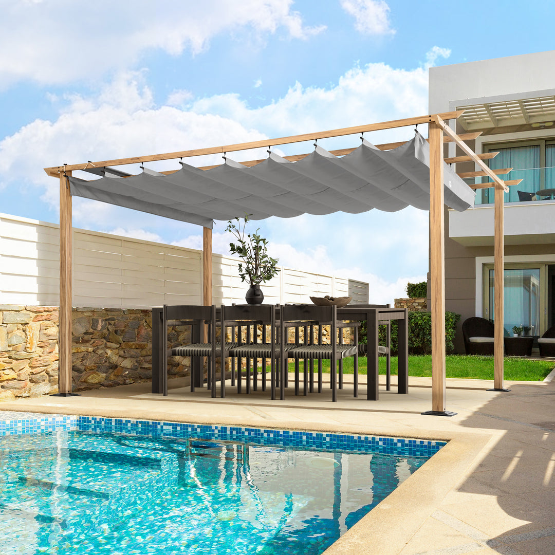 HAPPATIO 10' X 13' Pergola Retractable Pergola Canopy for Backyard, Garden, Patio; Woodgrain-Look Aluminum Pergola with Retractable Pergola Canopy, Includes Anchors and Expansion Screws