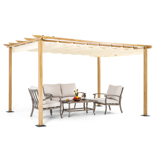 HAPPATIO 10' X 13' Pergola Retractable Pergola Canopy for Backyard, Garden, Patio; Woodgrain-Look Aluminum Pergola with Retractable Pergola Canopy, Includes Anchors and Expansion Screws