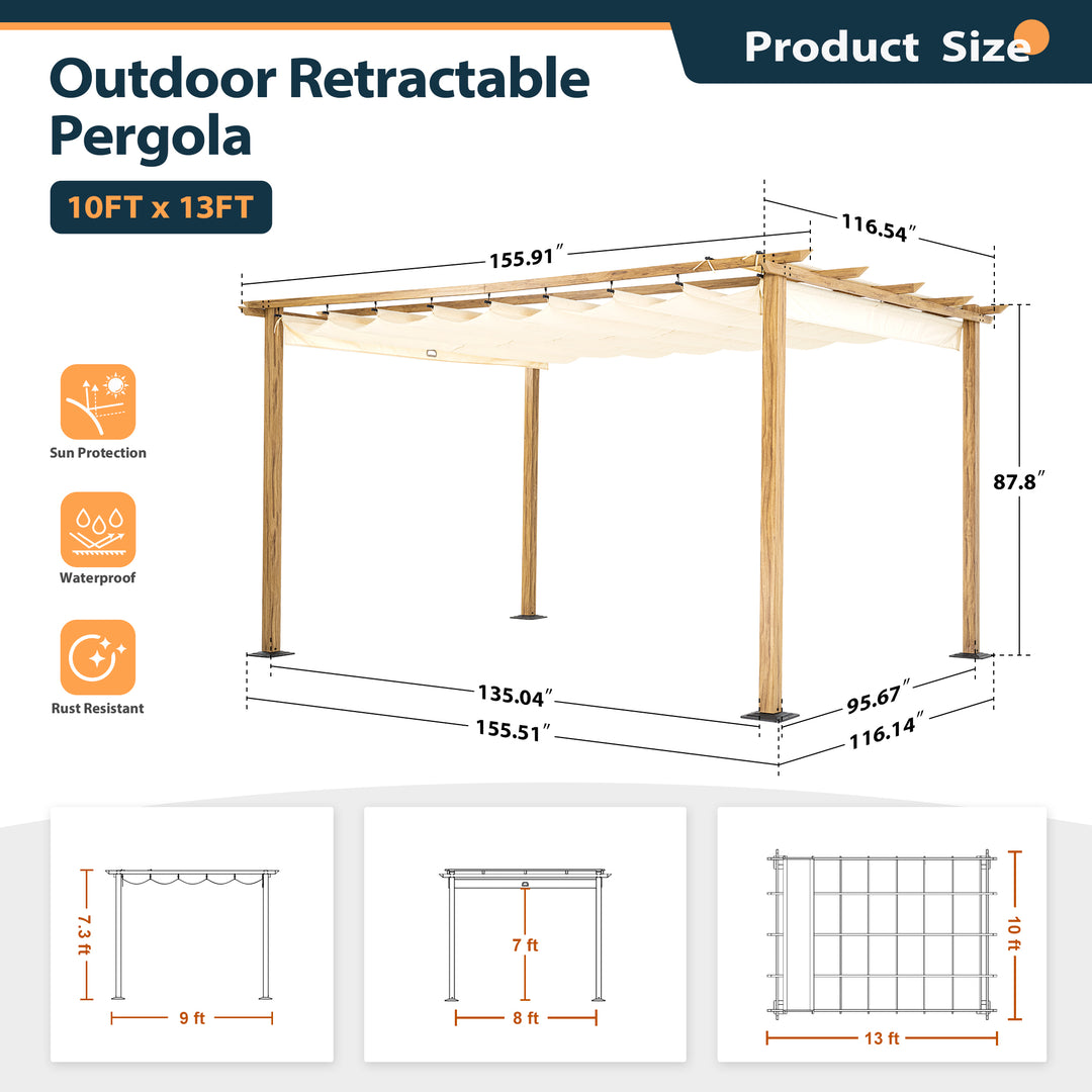 HAPPATIO 10' X 13' Pergola Retractable Pergola Canopy for Backyard, Garden, Patio; Woodgrain-Look Aluminum Pergola with Retractable Pergola Canopy, Includes Anchors and Expansion Screws