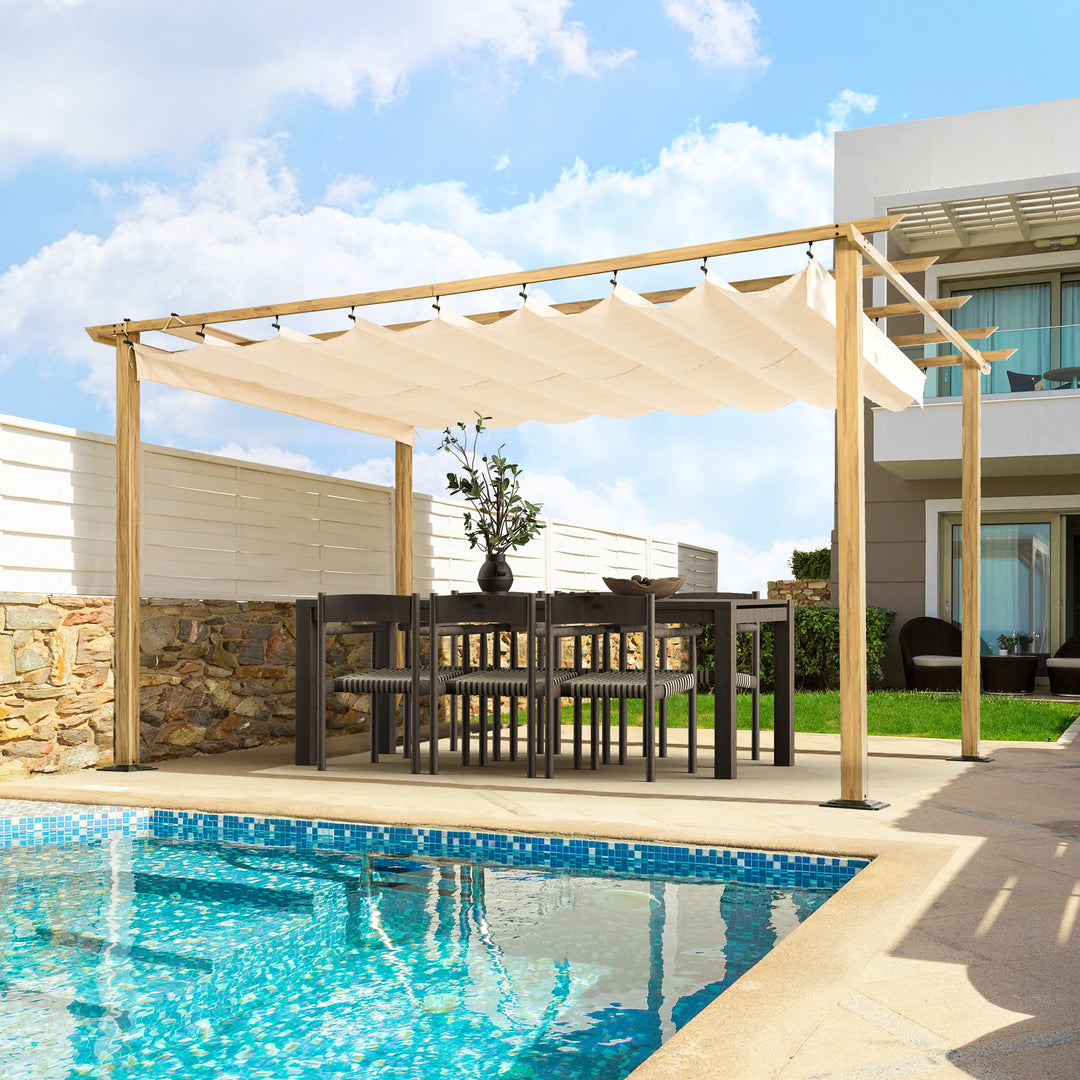 HAPPATIO 10' X 13' Pergola Retractable Pergola Canopy for Backyard, Garden, Patio; Woodgrain-Look Aluminum Pergola with Retractable Pergola Canopy, Includes Anchors and Expansion Screws