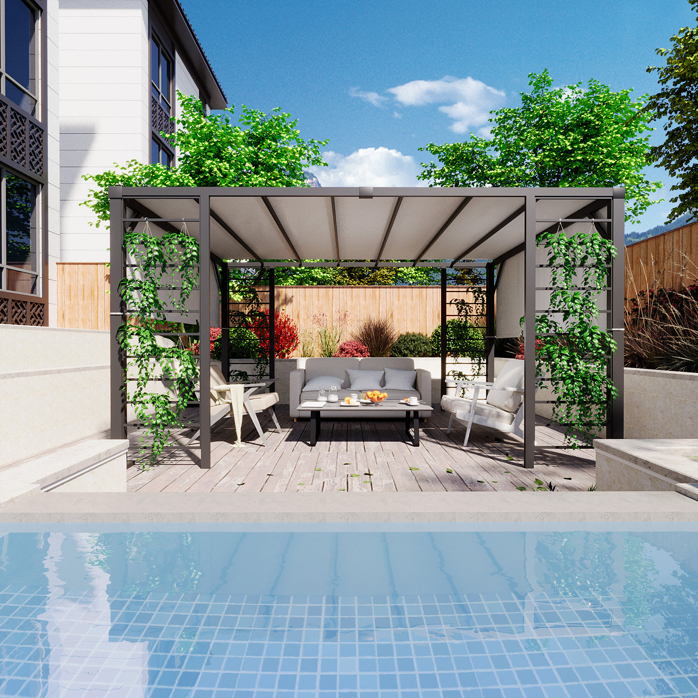 HAPPATIO 10' X 12' Outdoor Pergola, Retractable Pergola Canopy with Adjustable Shade，Aluminum Pergola Shade for Patio, Backyard, Garden